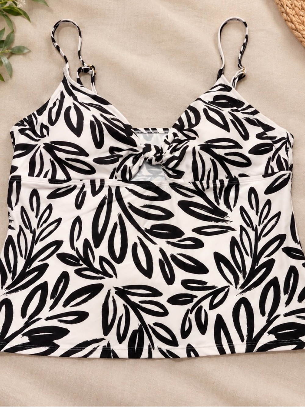 Black & White Leaf-Print Tankini Top with Front Knot